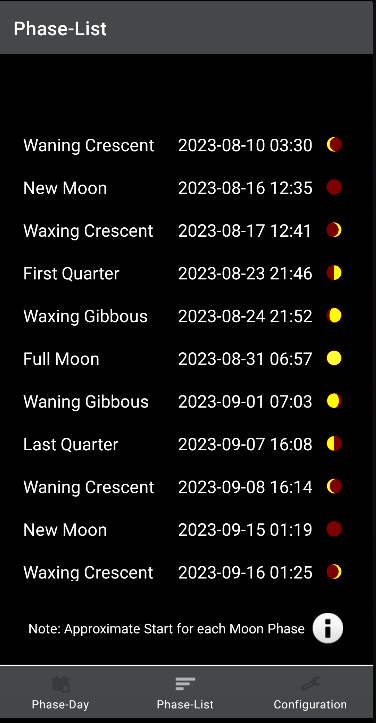 Moon Phases app - Phase List view